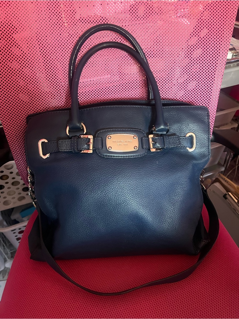 Michael Kors Hamilton Navy Leather Satchel with Gold-Tone Hardware